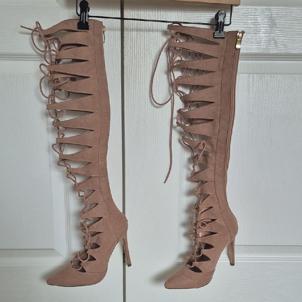 Fashion Nova Tan Over the Knee Lace-Up Boots